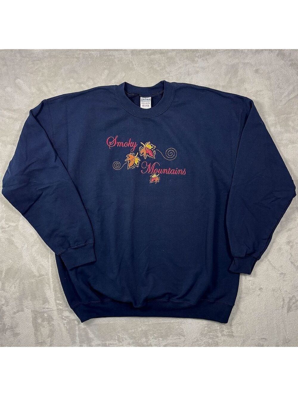 Smoky Mountains Embroidered Fall Leaves Crewneck Sweatshirt XL Navy Autumn
